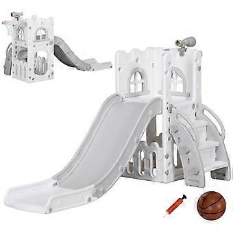 Children's slide, 5 in 1, toddler slide with basketball hoop, telescopic climbing frame, grey, 70 x 177 x 92 cm
