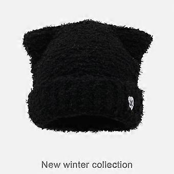 Women's Black Cat Ear Plush Hat, 3D Ear Winter Warm Beanie with Soft Fleece Lining, Cozy Ear Protection for Daily Outings and Commuting