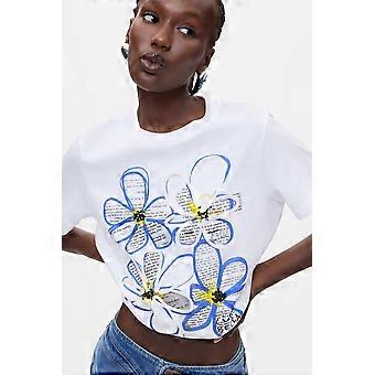 Desigual White Tshirt with Blue and Newspaper Flower Design with 3D Effect 26WWTK37