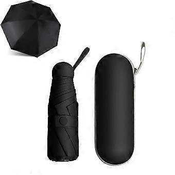 Travel Umbrella Waterproof UV Protection Windproof 8Rib Compact Folding Umbrella with Capsule Case Black