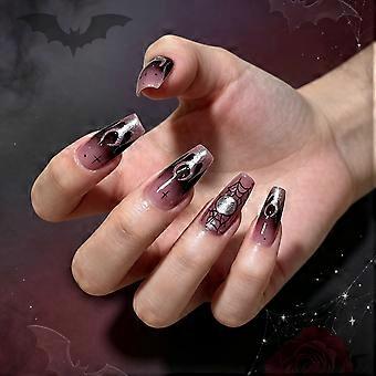Pink Glitter Halloween Skull Flame Spider Web Press-On Nails, 24 pcs Almond False Nail Tips with Adhesive for Women and Girls