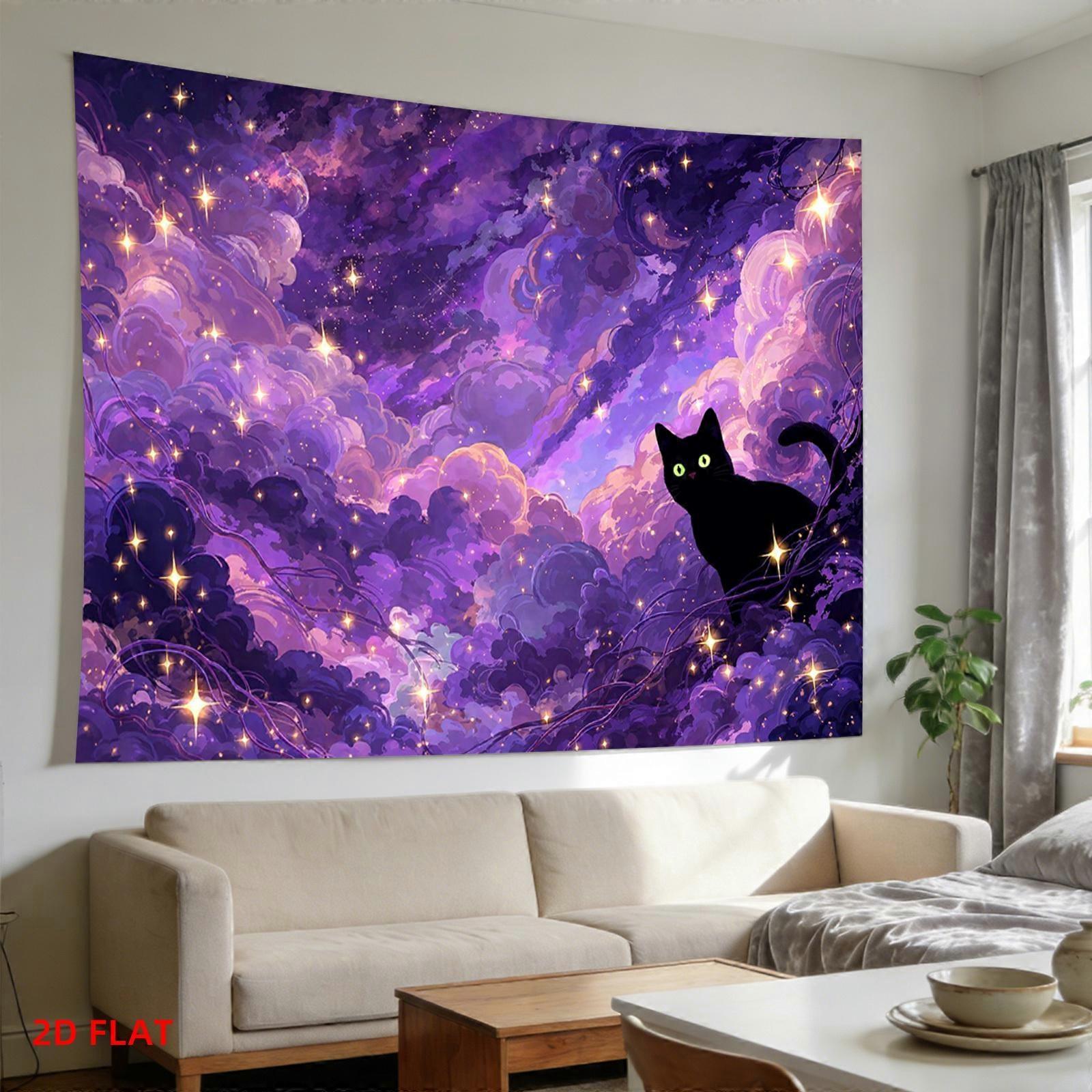 Tenture murale "Nébuleuse de la Voie lactée", décor vibrant, avec des étoiles violettes, une silhouette de chat noir, idéale pour une décoration moderne de salon ou de chambre.