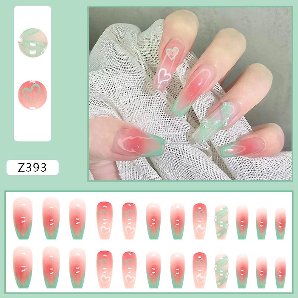 False Nails Heart Print 24pcs Gradient Blush Color Design
