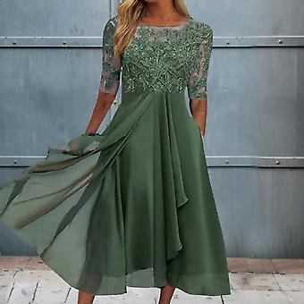 O-neck Half Sleeve Irregular Flowy Hem Bridesmaid Dress Elegant Crochet  Lace Chiffon Patchwork Guest Midi Dress Female Clothing | Fruugo QA