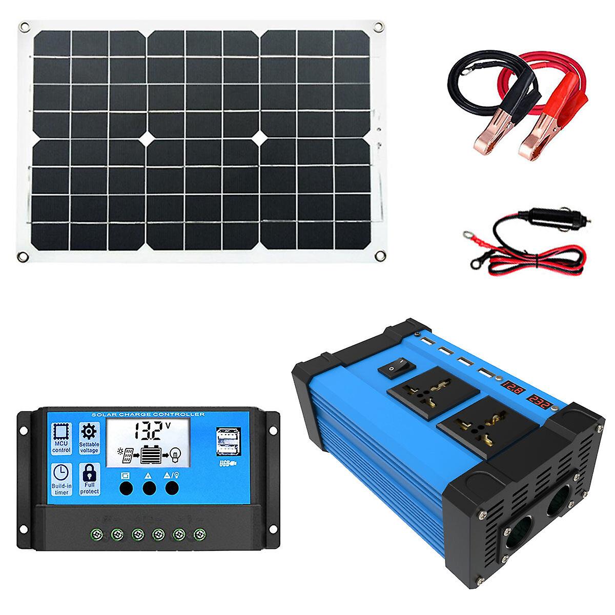 Solar Power System Set 18w Solar Panel 300w Power Inverter 30a Controller Kit Solar Panel Battery Charger