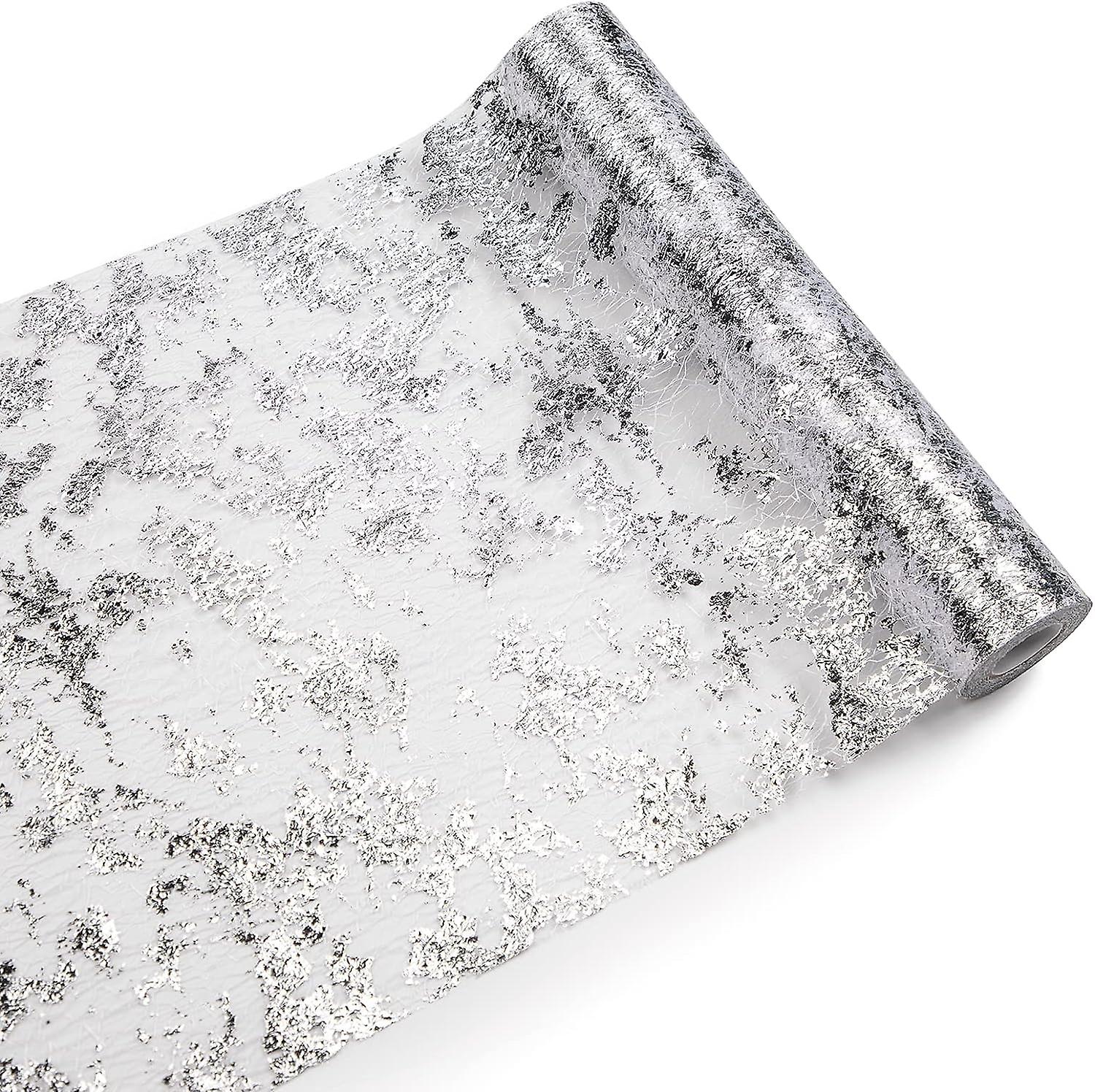 (Silver, 5m)Net Table Runner with Gold Leaf 28cmx5m, Metallic Tab