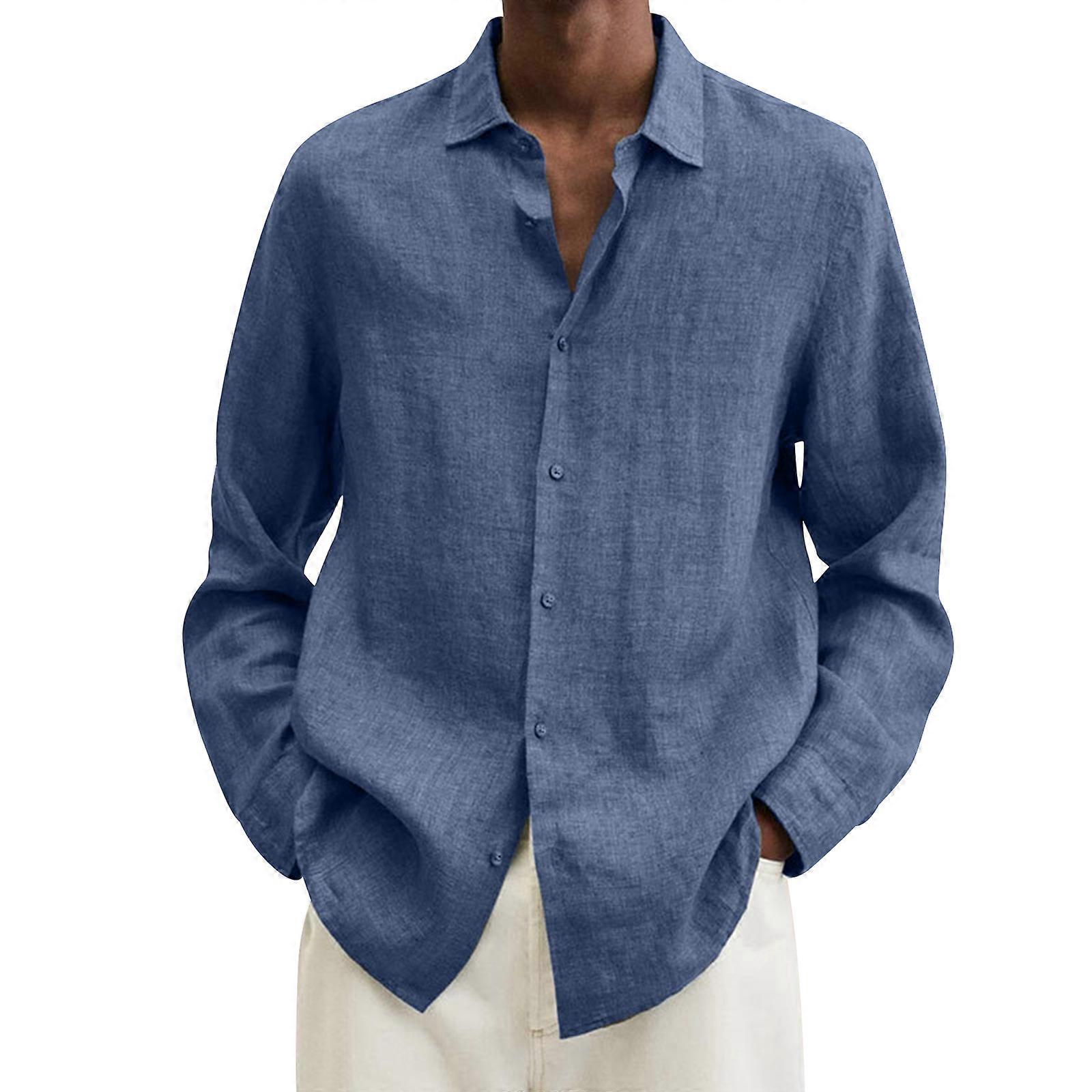 Herre Langærmet bomuld Linned Kjole Skjorte Casual Solid Button-up Baggy Tops