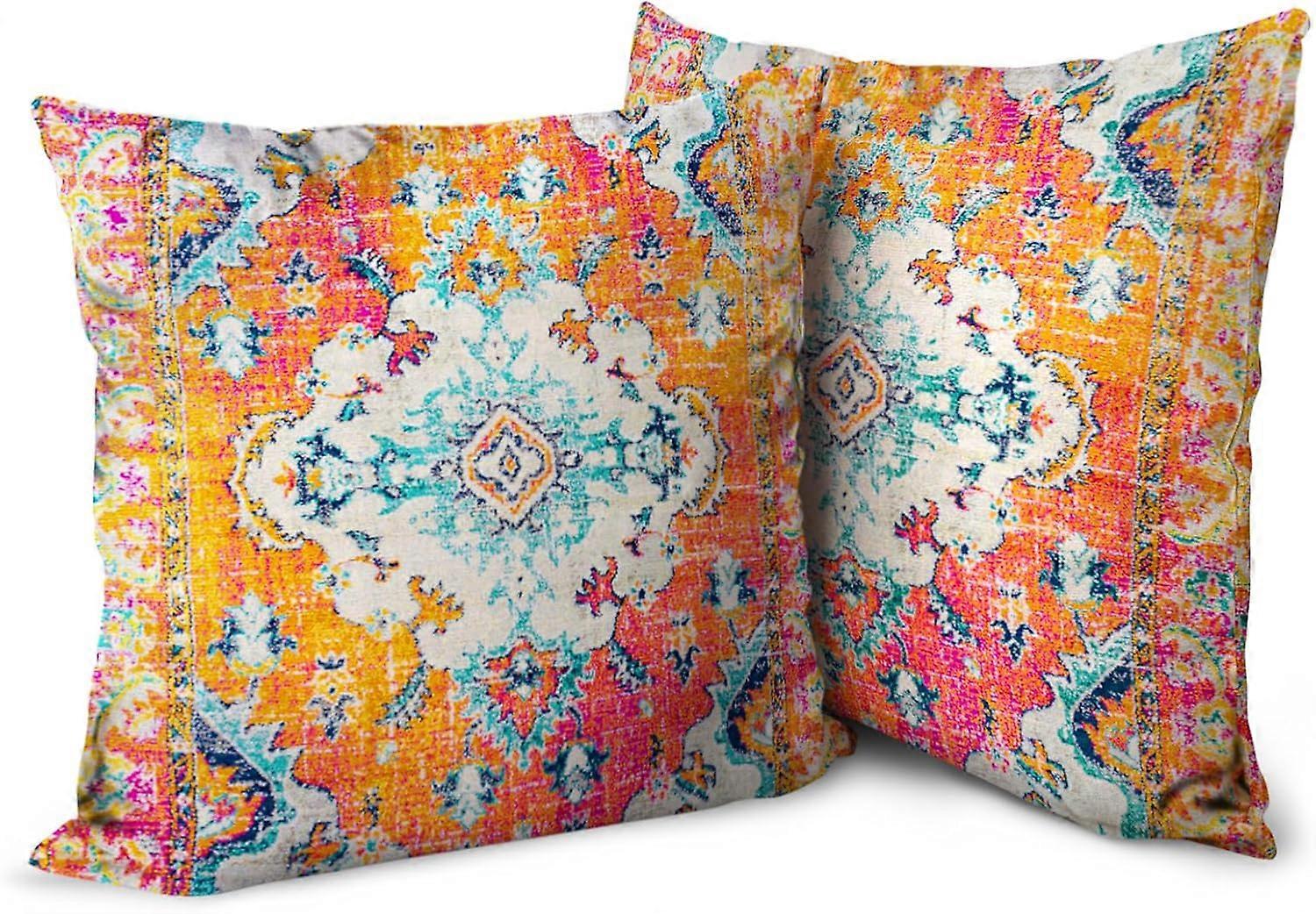 Boho Orange Throw Pillow Covers 16x16 inch Set of 2, Bohemian Carpet Double Sided Pattern Soft Plush Cushion Cover for Couch Sofa Bed Decorative, Only