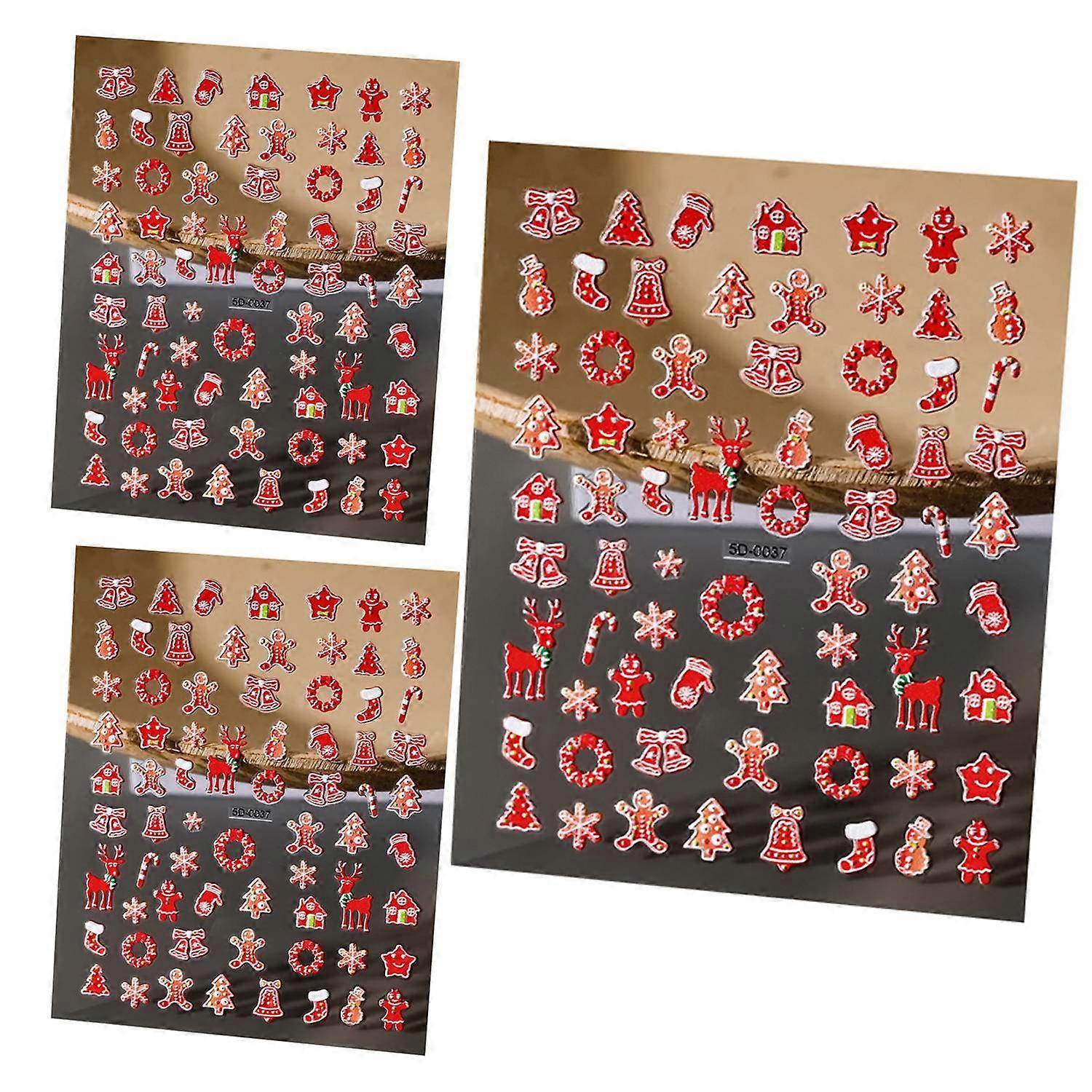 3 Sheet of Christmas 5D Nail Art Stickers Snowman Santa Claus Elk Pattern Self-adhesive Decals for