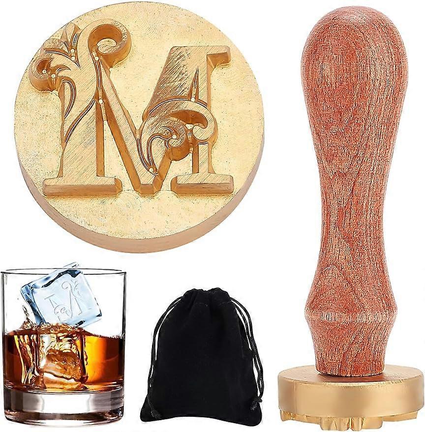 Letter Ice Stamp M Ice Cube Stamp Ice Branding Stamp with Removable Brass Head & Wood Handle Vintage Vine M Ice Stamp