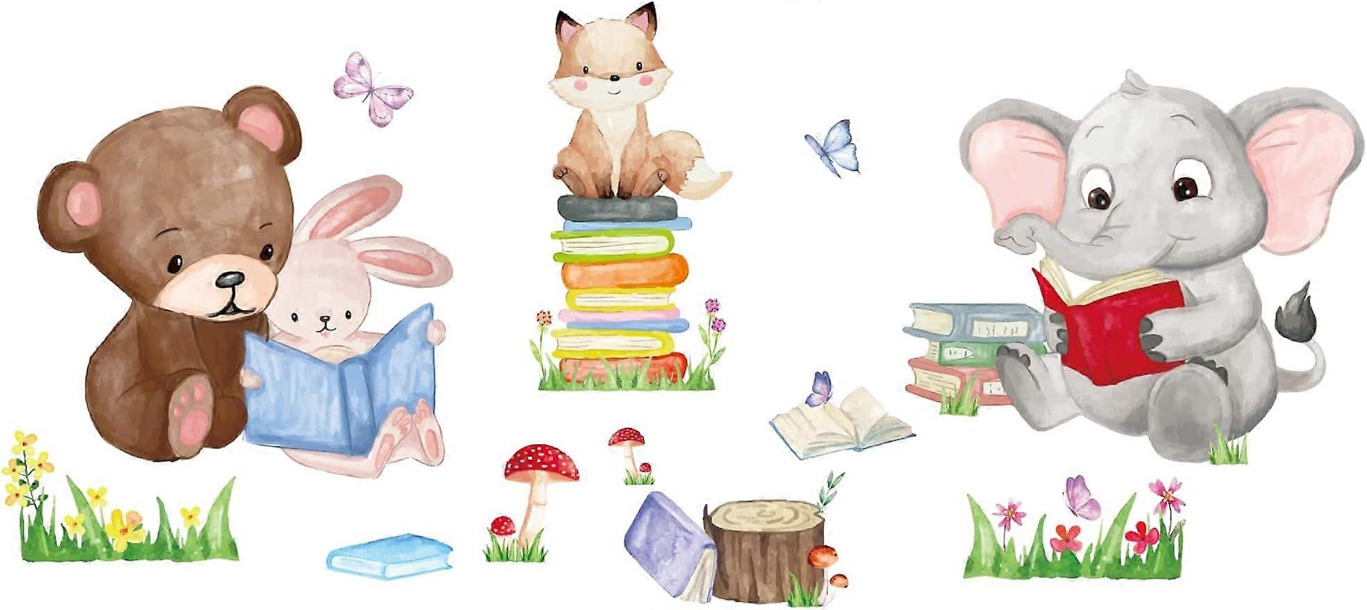 Colorful Animals Reading Books Wall Sticker Elephant Rabbit Fox Wall Decals