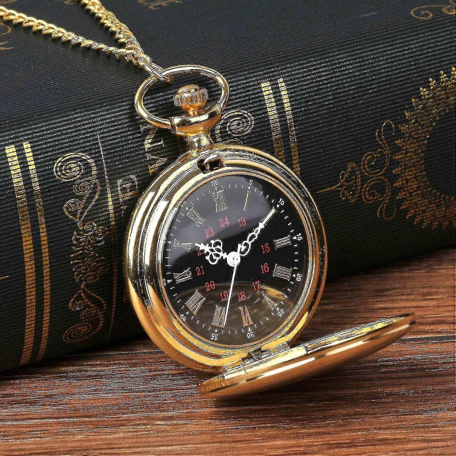 Or Lisse Boîtier Quartz Montre de Poche Cadran Romain Flip Montres