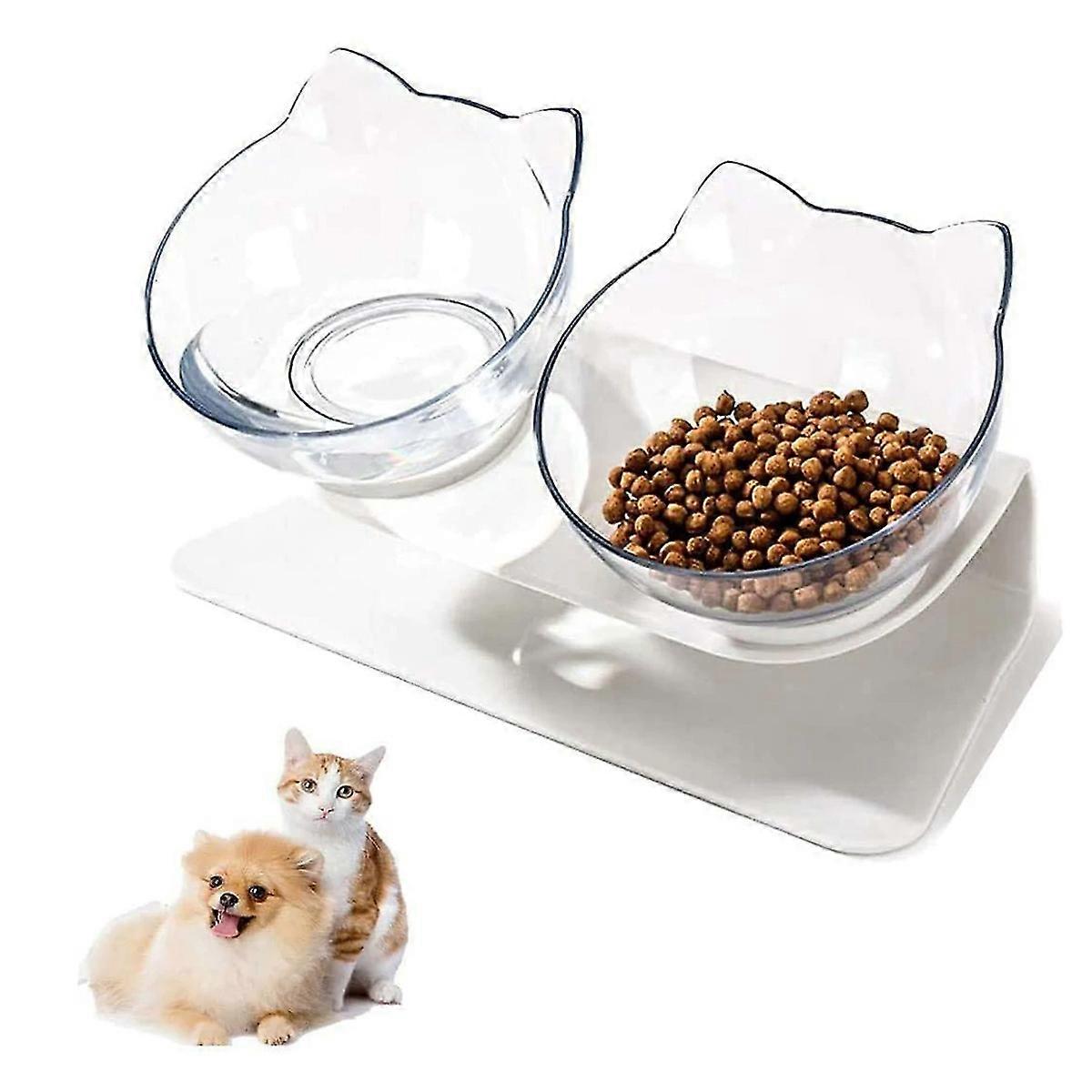 Cat Bowl Double Bowl Slanted Clear Double Bowl Elevated Tilted, Anti Vomiting Orthopedic Kitty Bowls for Puppy and Bunny, Indoor Cats