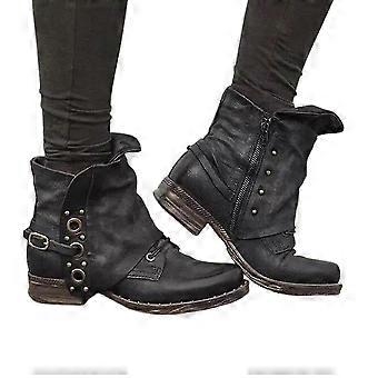 Women Retro Biker Booties Ankle Boots Block Heel Zipper Casual Shoes