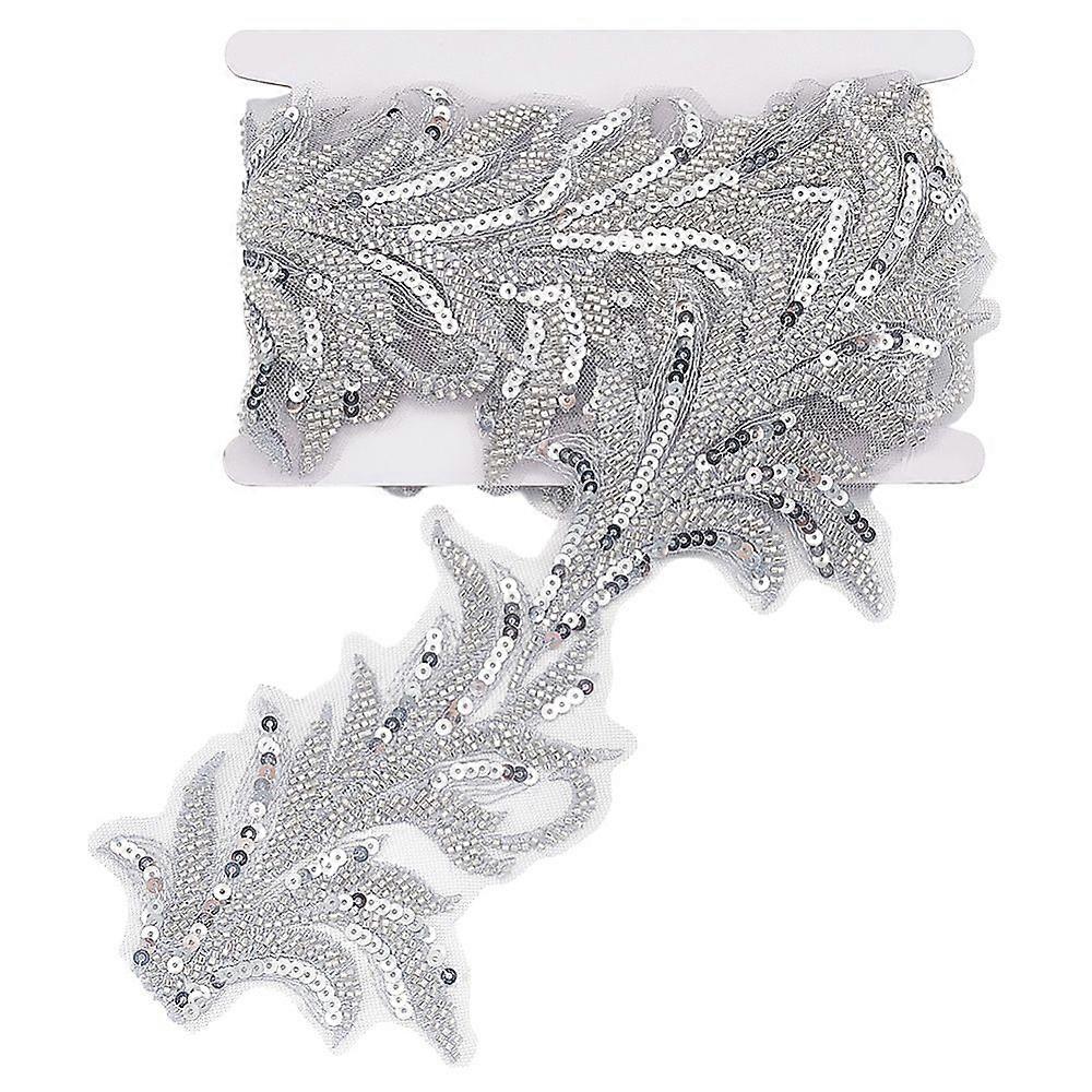 2.5 Yards Sparkle Polyester Flower Ribbon with Sequins & Beads Dark Gray 4-7/8 inch(125mm)