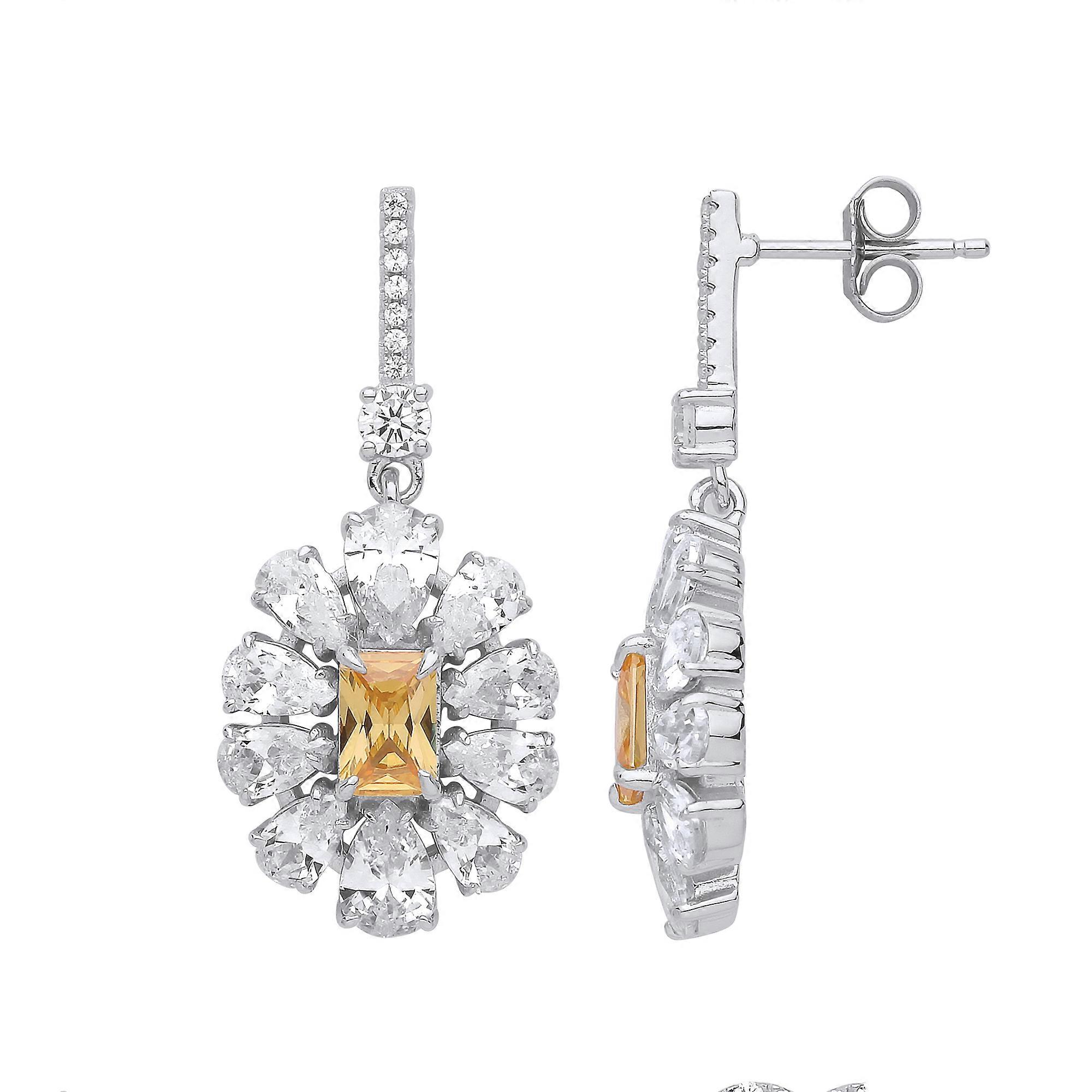 Jewelco London Ladies Sterling Silver Yellow Rectangular & Pear Cubic Zirconia Popcorn Flower Stud Drop Earrings