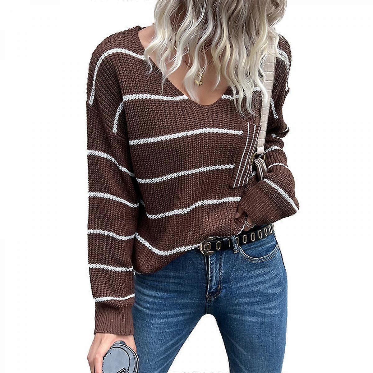 Damen V-Ausschnitt Pullover Gestreifter lockerer Langarmpullover Strickpullover mit Tasche, L