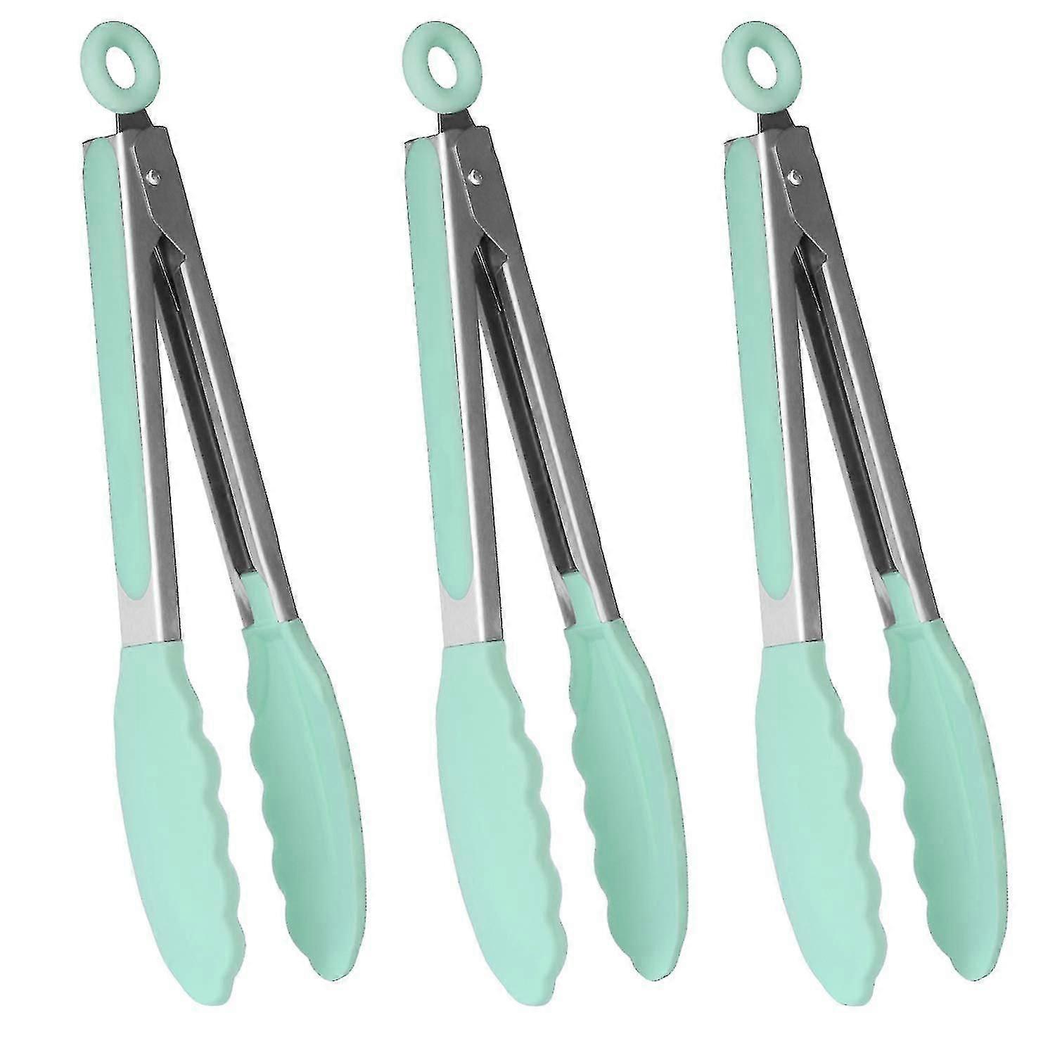 ملقط سيليكون مطبخ فاخر مقاس 9 بوصات مع مقبض من الفولاذ المقاوم للصدأ غير قابل للانزلاق وسهل الإمساك ، طقم من 3 قطع أخضر