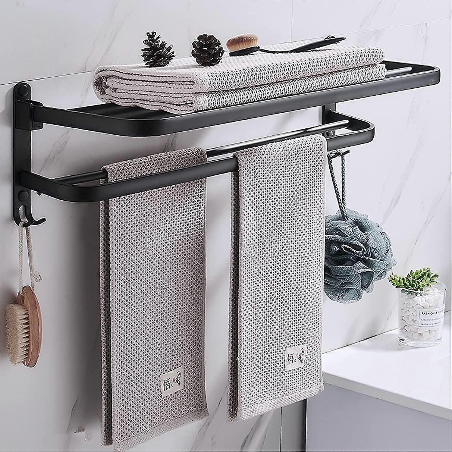 Versatile Bath Solution, Towel Rack with Double Towel Bar and Foldable Shelf, Space Aluminum Rustproof Organizer for Wet Areas, Easy Install (Black,