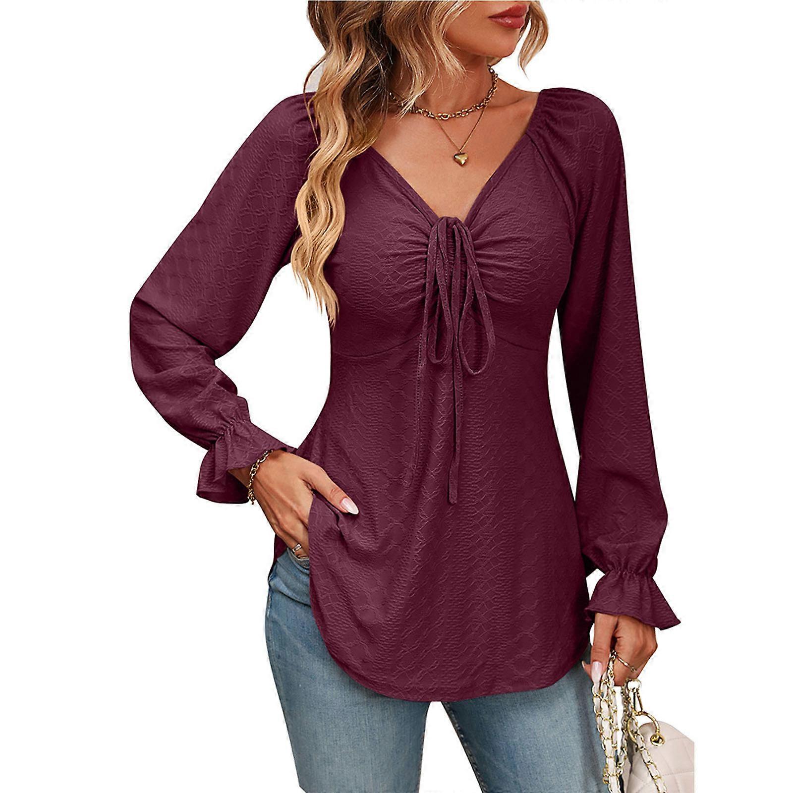 Womens Long-Sleeve Drawstring V-neck Smocked Cuff T-Shirt Solid Color Pullover Tops Soft Lady Blouses  Burgundy XL