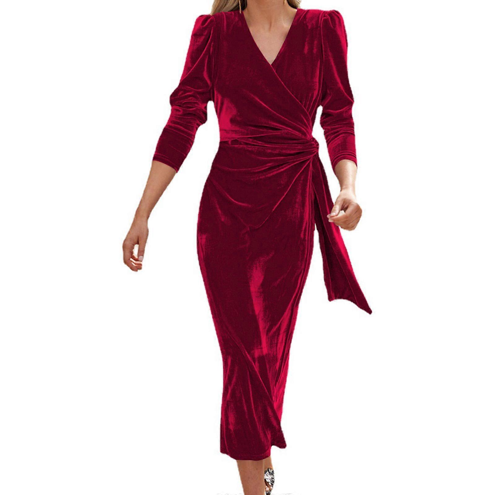 Dames Effen Lange Mouw Hoge Taille Wrap Bodycon Fluwelen Jurk V