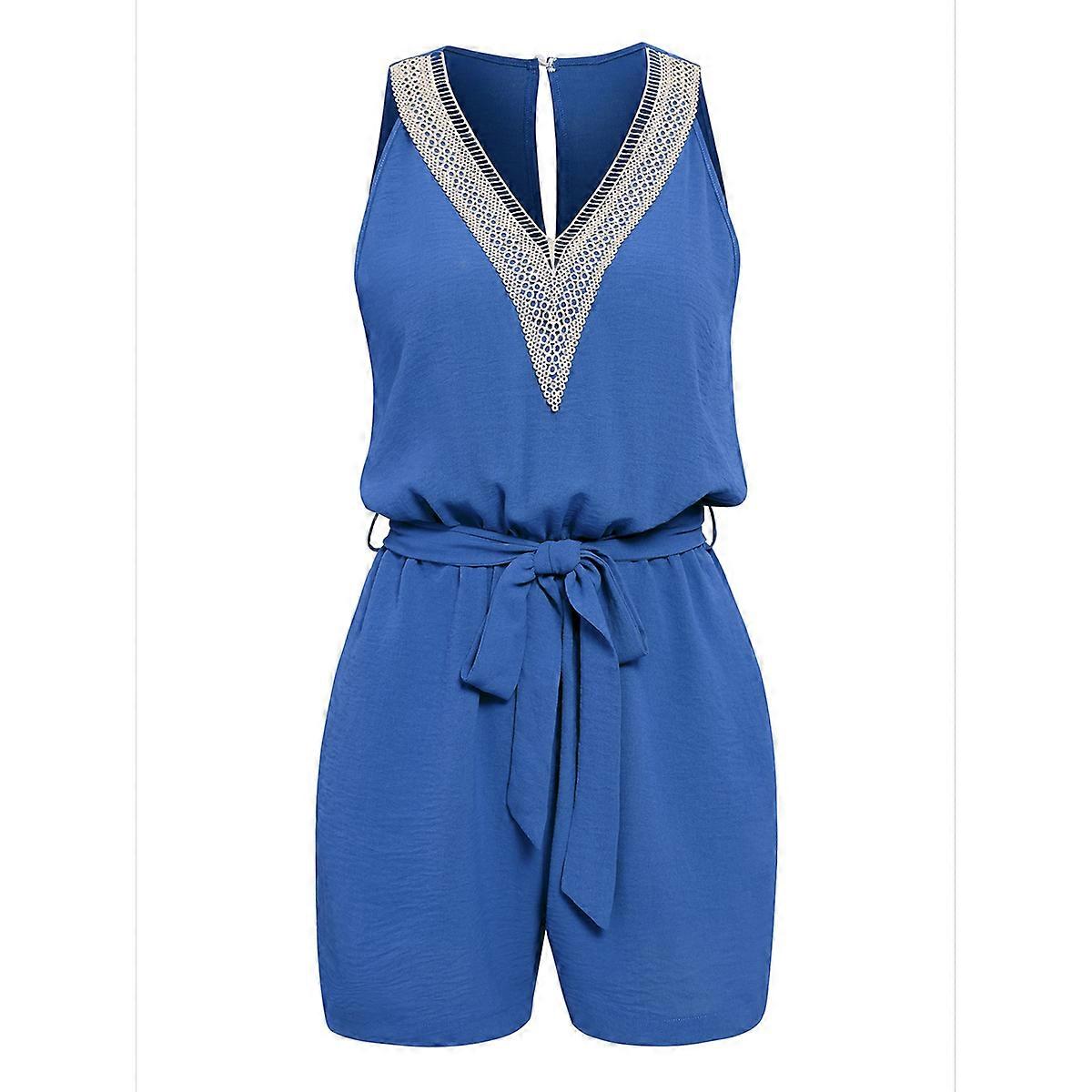 Summer Sleeveless V Neck Jumpsuit Blue M