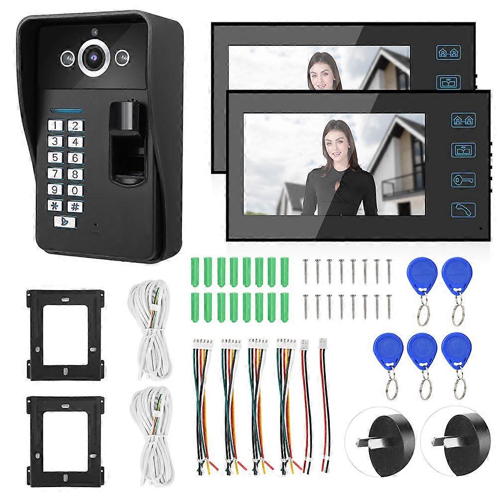 7in Fingerprint RFID Password Video Intercom 2 Monitor Wired Doorbell Access System100-240V