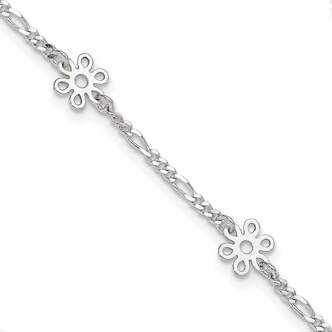 925 Sterling Silver Fancy Lobster Closure Polished Flower With 1inch Ext. Anklet 9 Inch-Anklet for Women