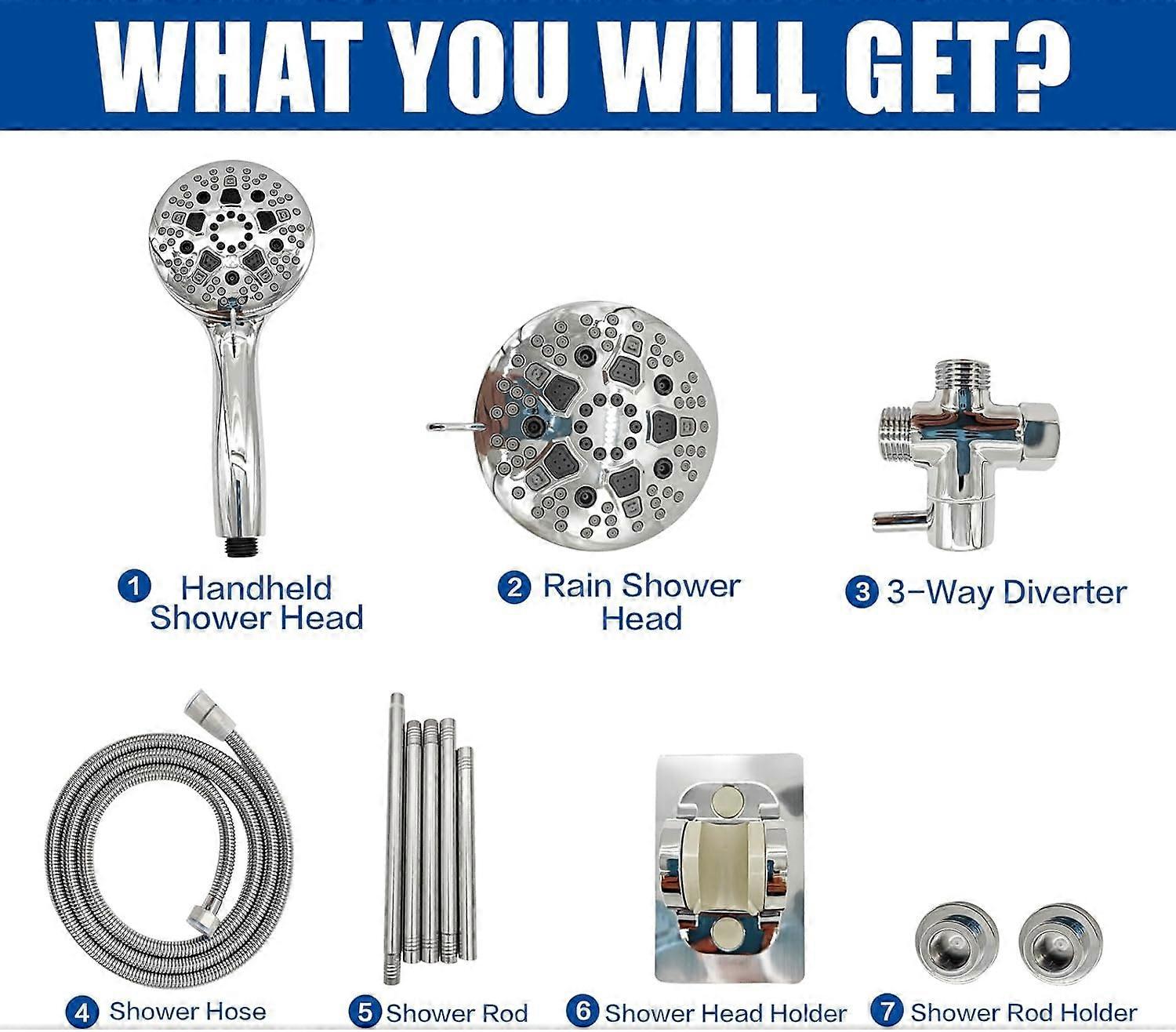 Tandem Shower Double Shower Head System With High-Pressure Adjustable Shower Rod (27.5-74.8 in) And 9-Setting Handheld