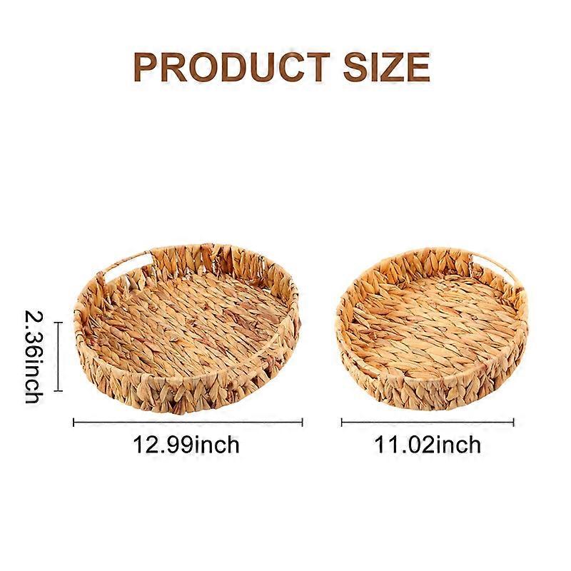 2Pcs Round Braided Tray Made of Water Hyacinth Set 33cm+28cm Diameter