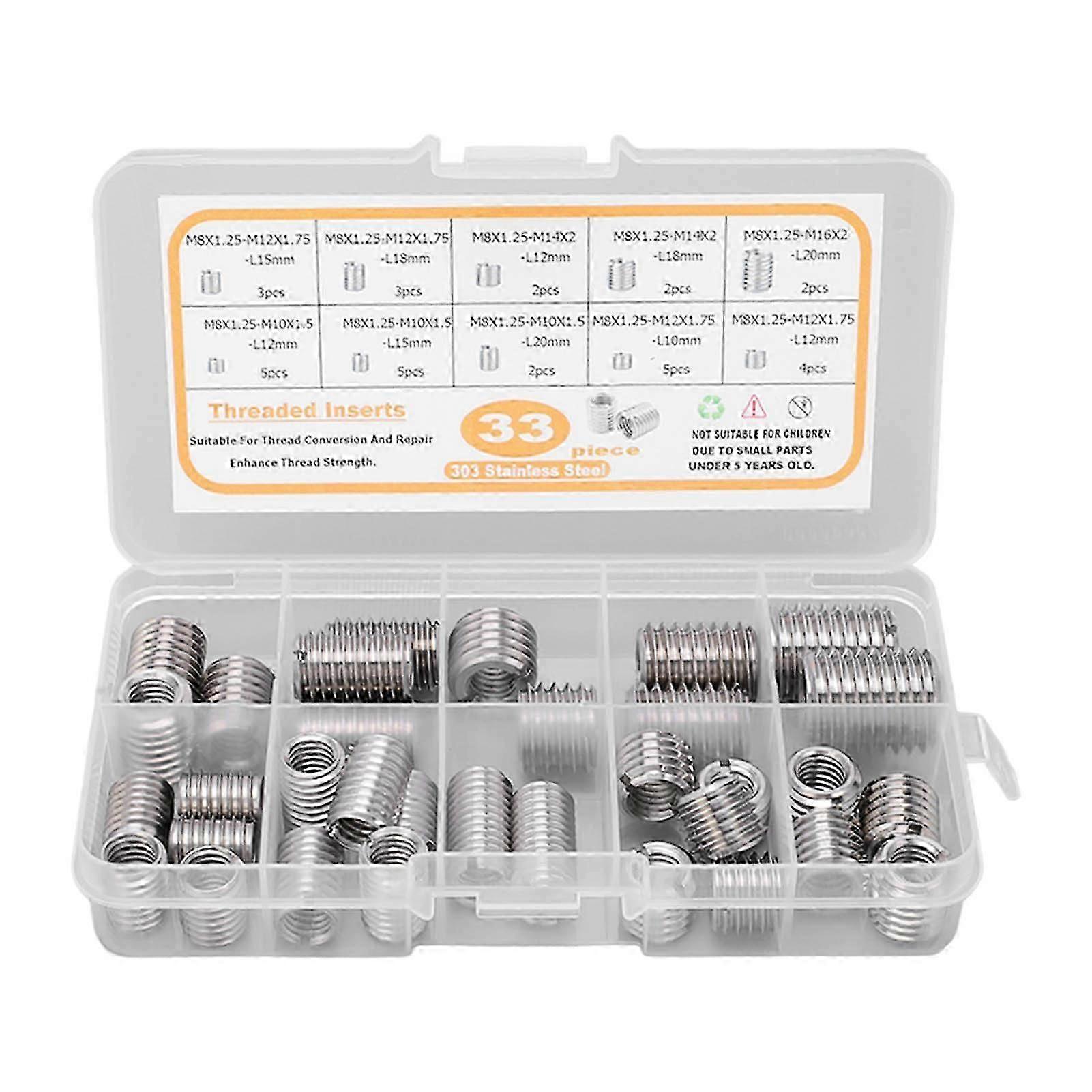 33PCS M8x1.25 Threaded Insert Assortment Kit Stainless Steel Thread Reducer Nut Repair Sleeves