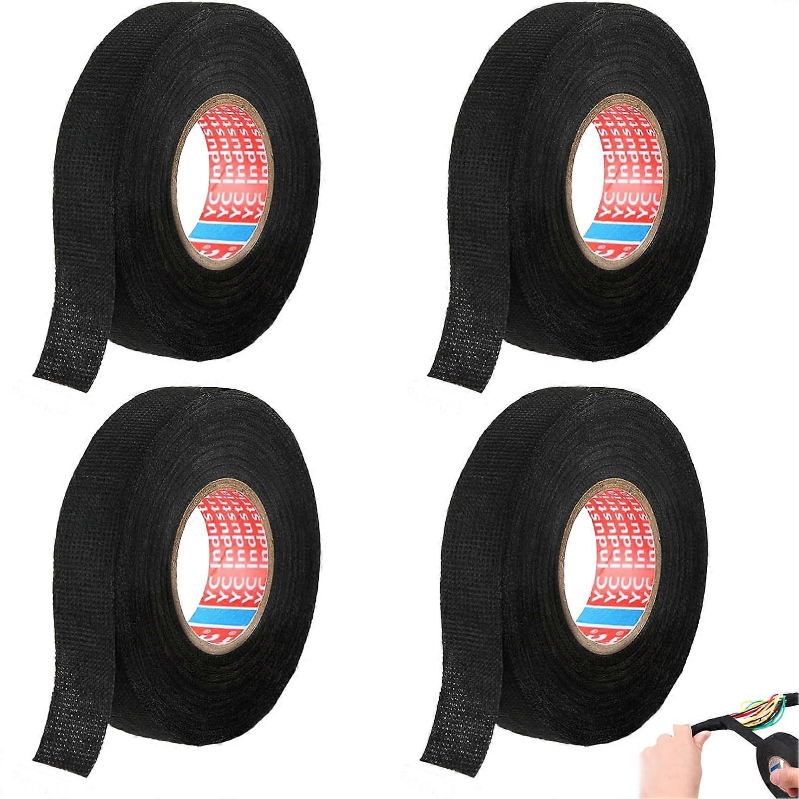 Pack of 4 Black Cotton Insulation Tape 19mm x 20m Black Textile Tape for Car Self Adhesive Textile Tape for Protecting, Bundling and Repairing Cables