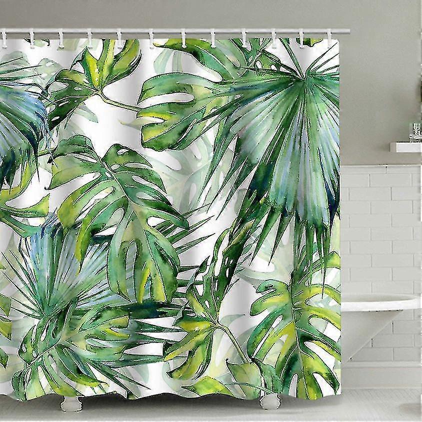 Tropical Waterproof Shower Curtain with 12 Hooks, Fabric Bathroom Curtain Featuring Green Leaf Design