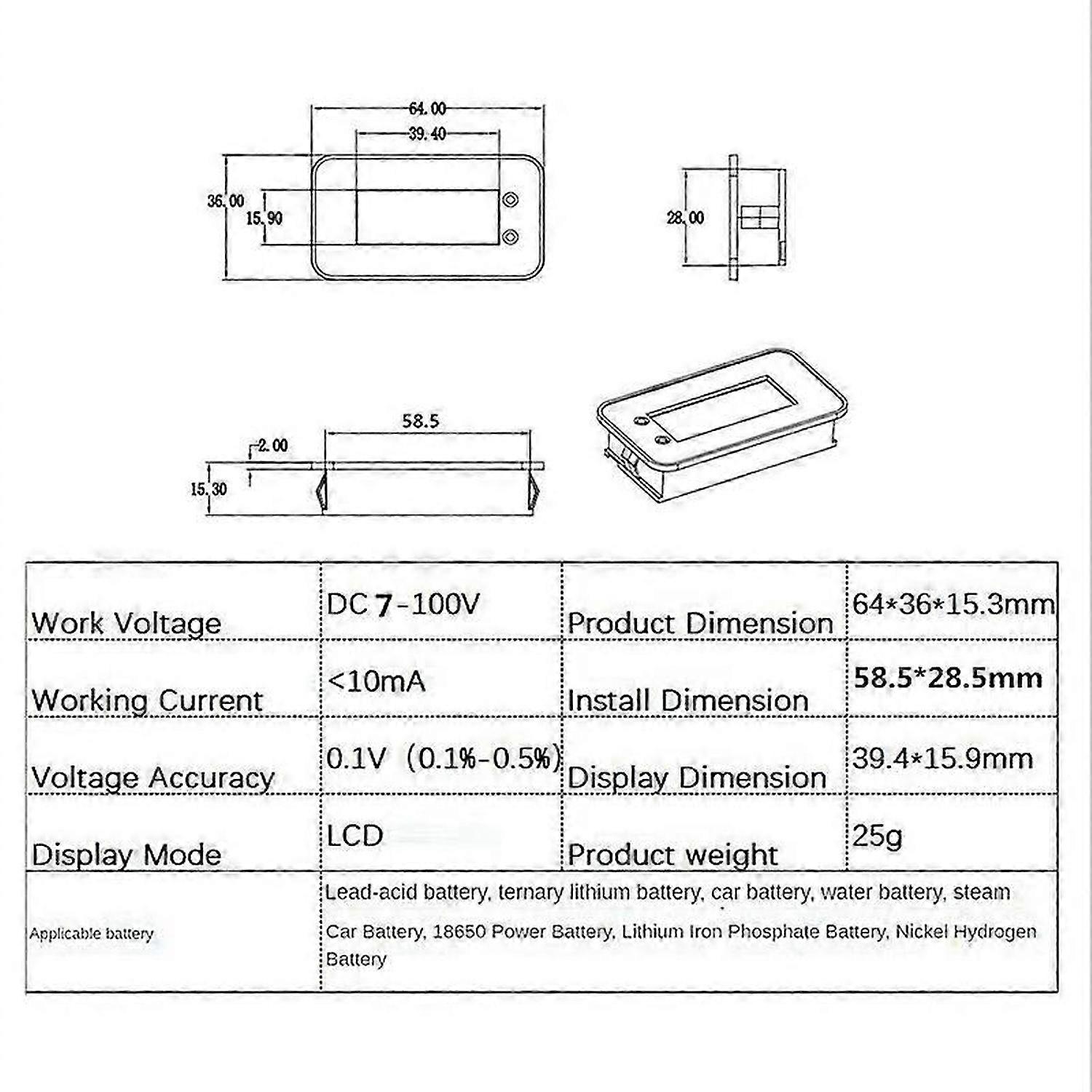 7-100V Digital Battery Capacity Tester Battery Monitor Voltage Temperature Switch Meter for Car Ship
