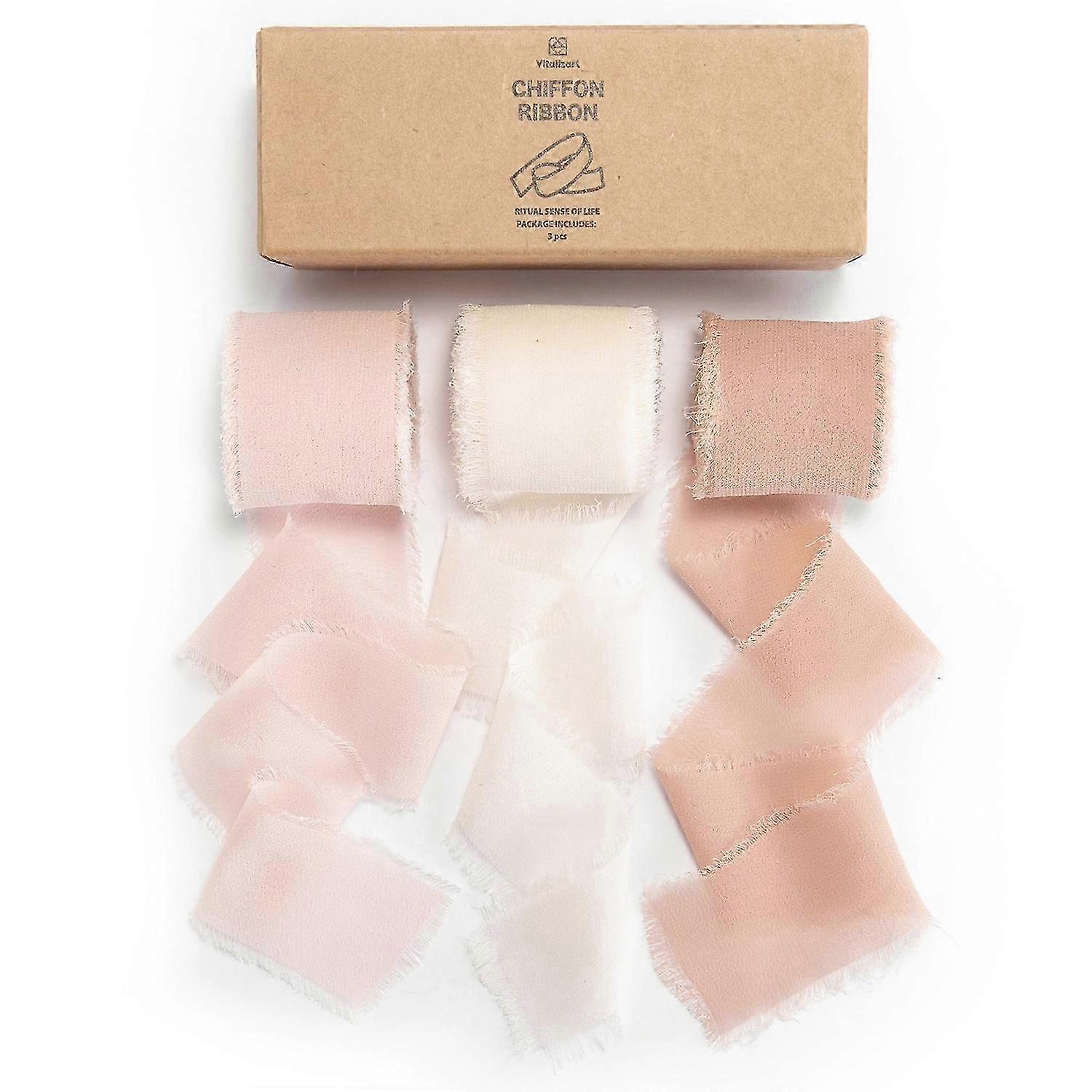 3 Rolls Handmade Frayed Edged Chiffon Ribbon for Wedding Invitation Wrapping Bouquets Decor-Style B