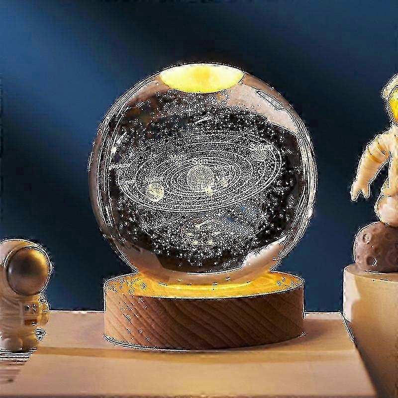 3D كوكب الكرة الكريستال مع قاعدة خشبية ، 3D كريستال LED ضوء الليل ، الفضاء غالاكسي كريستال الكرة الديكور للمنزل