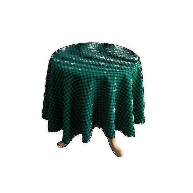 Vintage Cotton Linen Round Tablecloth in Green Checkered Design for Aesthetic Room Decor
