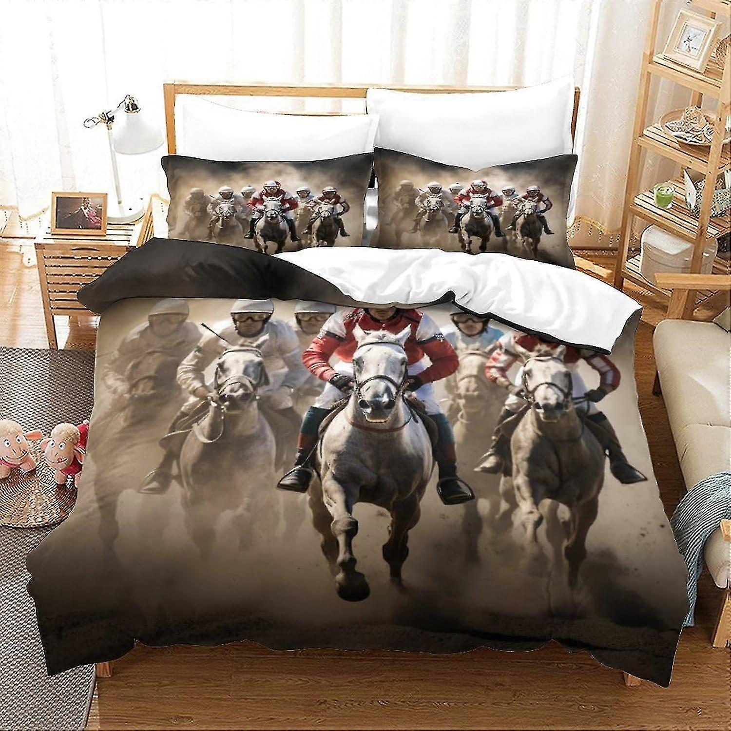 Set copripiumino moderno per adolescenti da corsa di cavalli per bambini, biancheria da letto in morbida microfibra in 3 pezzi con chiusura a zip