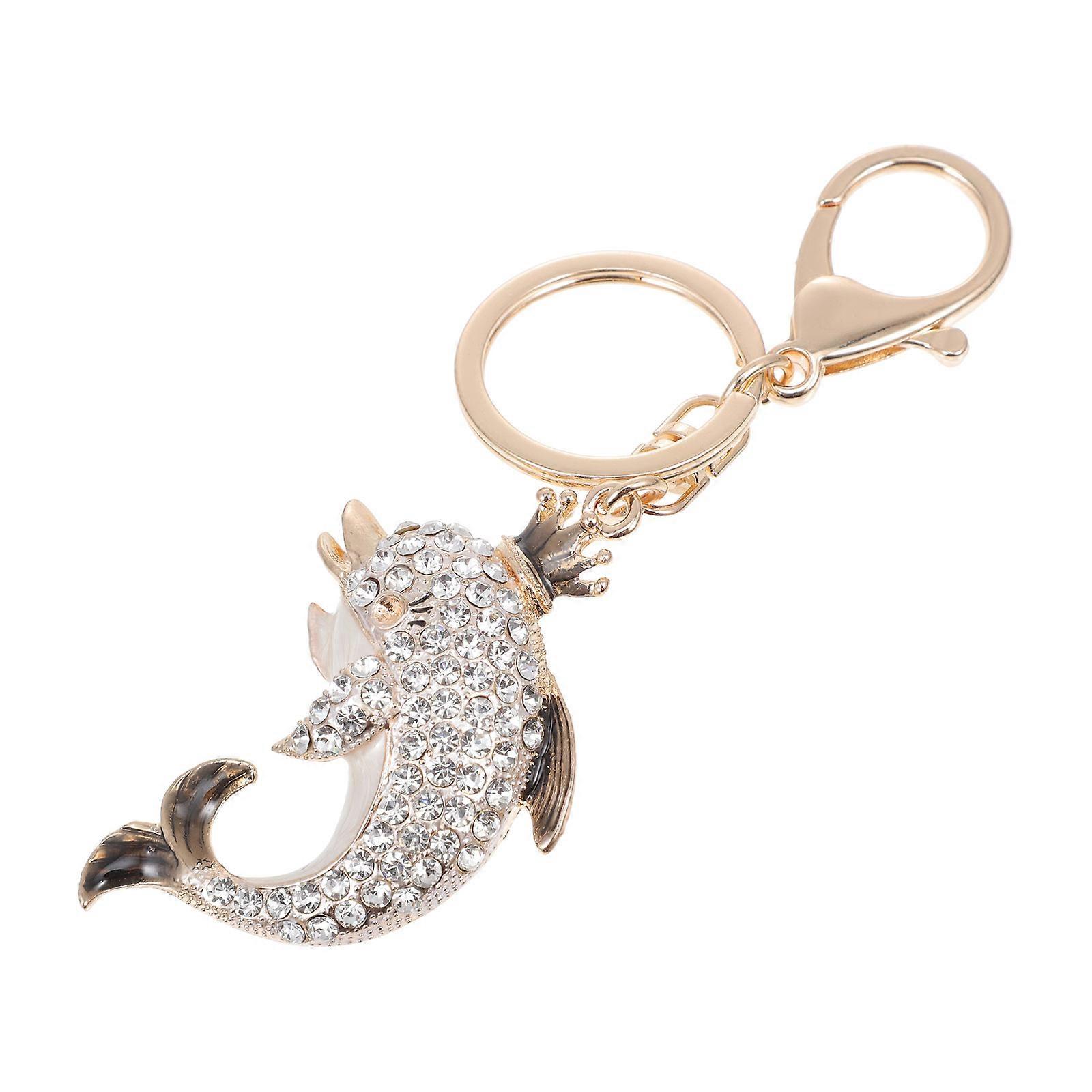 Delicate Dolphin Keychain Creative Rhinestone Embedded Metal White Decor 1pc Small Size