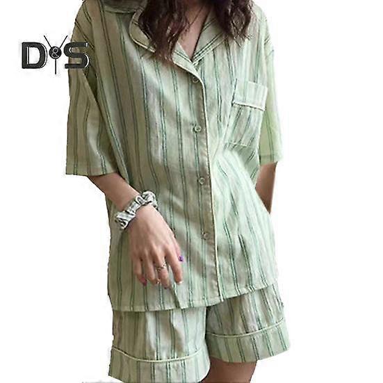 2 Pcs/Set Women Pajamas Set Lapel Contrast Color Striped Print Short Sleeve Elastic Waist Loose Wide Leg Homewear Sleepwear Blouse Shorts Set
