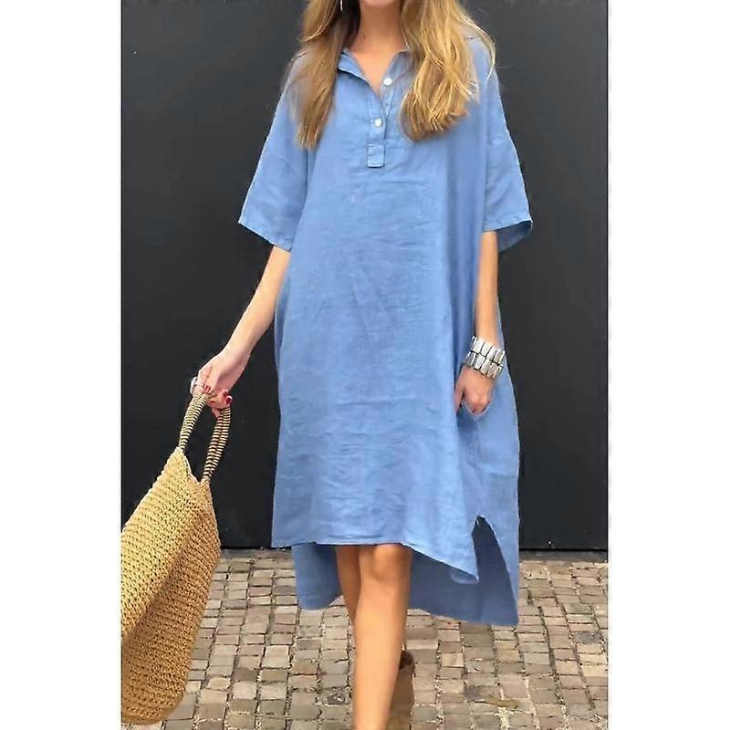 Summer Women's Dress Plus Size Solid Colour Casual Lapel Button Up Long Dresses
