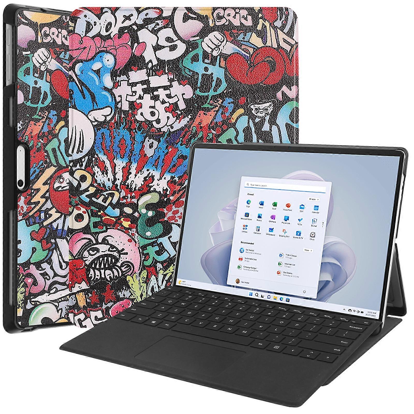 TKdaddy Pour Microsoft Surface Pro 10 Pro 11 Coque PU Cuir Motif Impression Support Folio Tablette Couverture Graffiti
