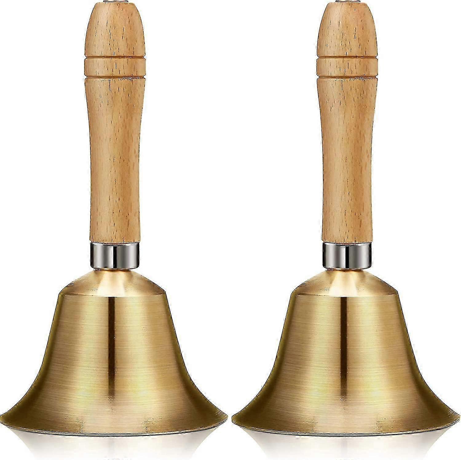 2 Pieces Solid Brass Hand Call Bells With Wooden Handle Handbells Loud Ringing Bell Solid Brass Wooden Handle Bell Hand Held Service Bell Animal Bell