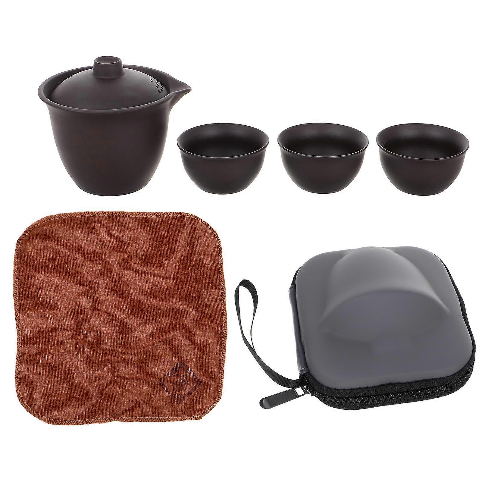 Chinese Kung Fu Teapot Set 3 Sets Portable Design For Outdoor Enthusiasts Coffee Color Excellent Heat Retention 3 Set