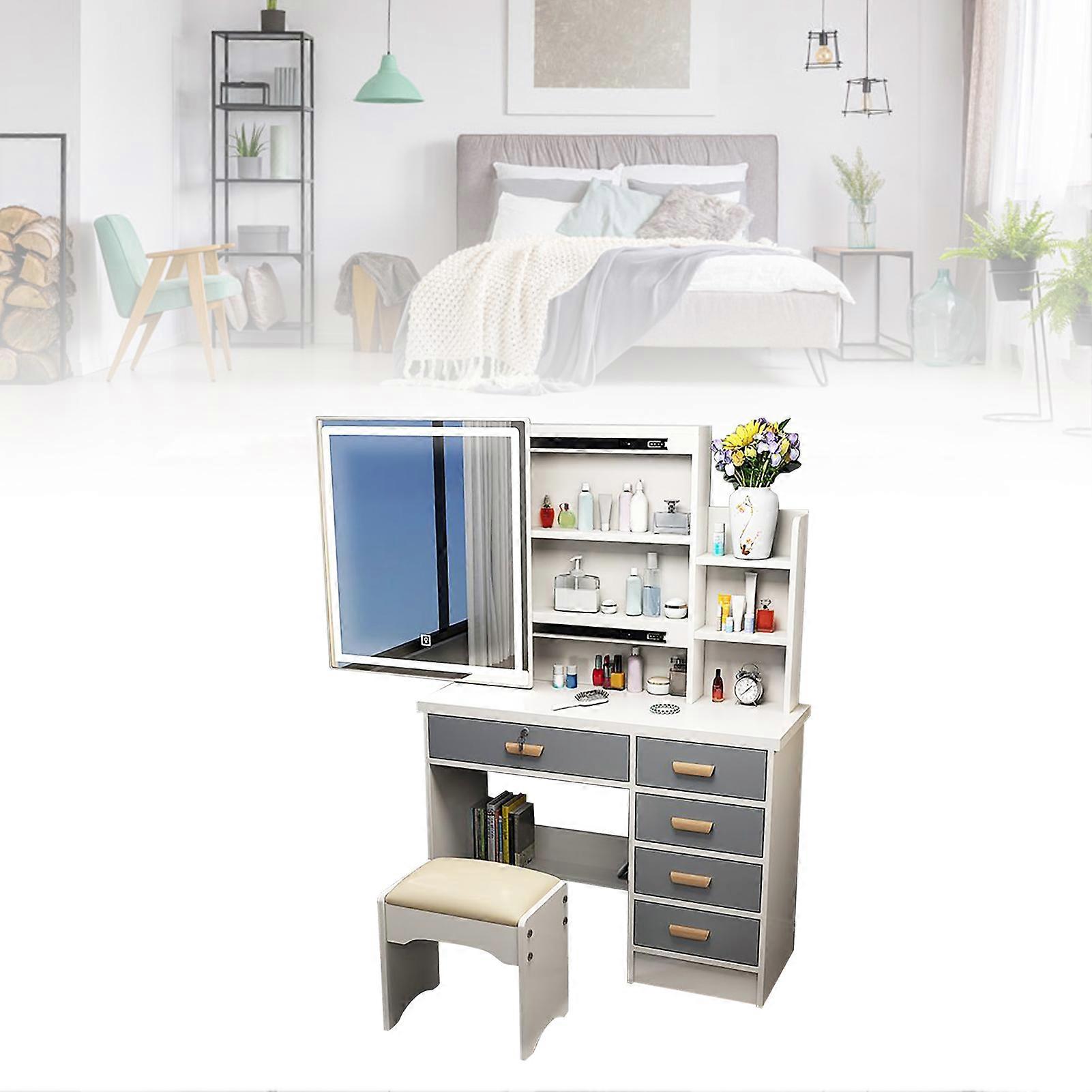 Vanity Desk Set with Mirror 5 Drawers Warm White Makeup Table