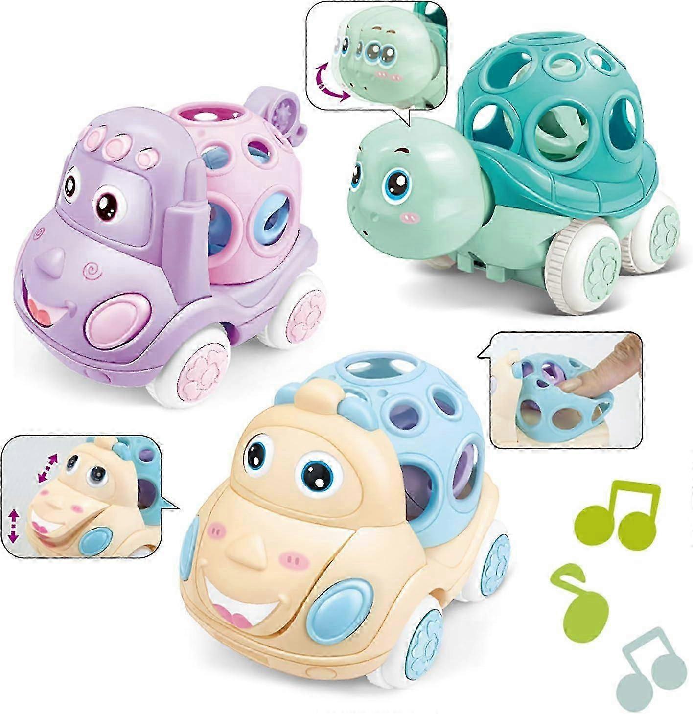 2025 Rattle and Roll Car for Toddlers - Friction Powered Vehicle - Soft Rubber Rattle - 3 PCS