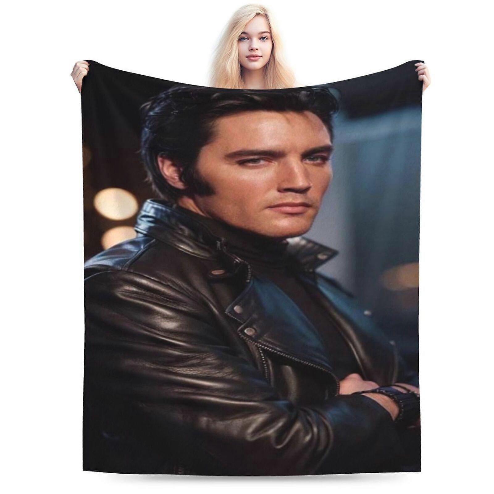 sf590 Elvis Print Flannel Blanket - Soft, Warm, Machine Washable for Sofa, Bed, Travel, Office - Modern Style, All-Season Use, Black & White Design, P