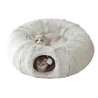 Anself Cat Tunnel with Bed, Collapsible Plush Cave Tube & Toy Ball, Multifunctional Pet Toy for Cats, Puppies, Rabbits, Ferrets, Gray
