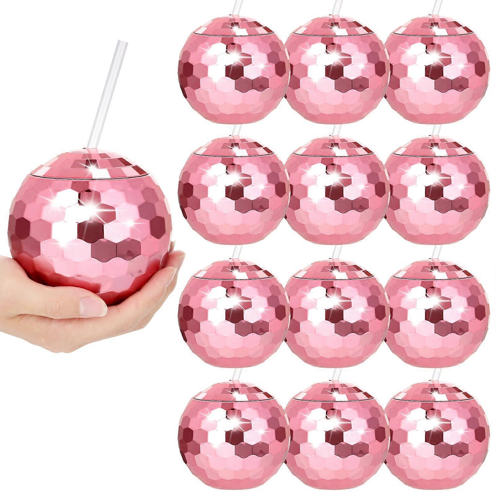 12PCS Pink Disco Ball Cups with Lid and Straw, 20oz Retro Glitter Tumblers for Party Drinks