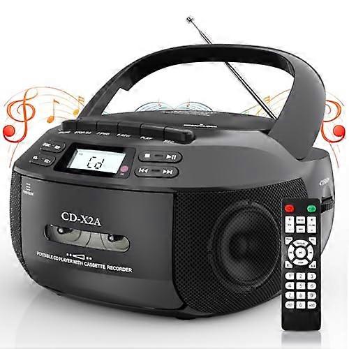 CD Boombox with Bluetooth 5.1, Cassette Tape Play and Record, AM/FM Radio, Dual Stereo Speakers, Remote, AC or Battery Power, Black